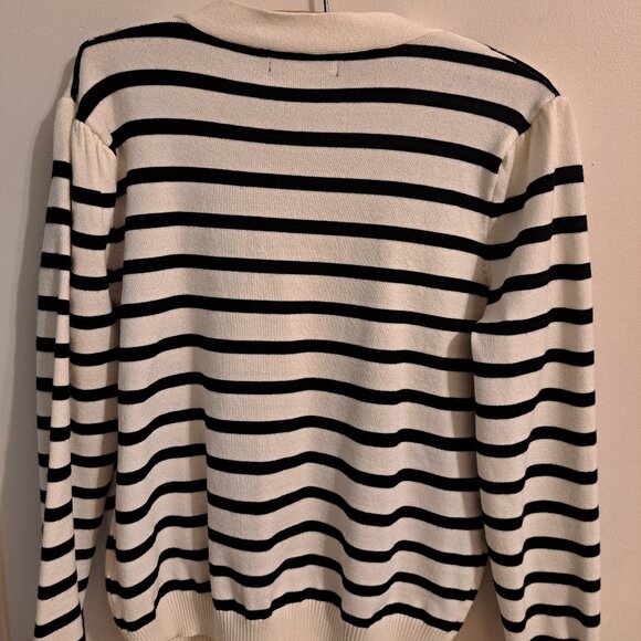 Black and Cream Striped V-Neck Cardigan with Flowers - Picture 2 of 5